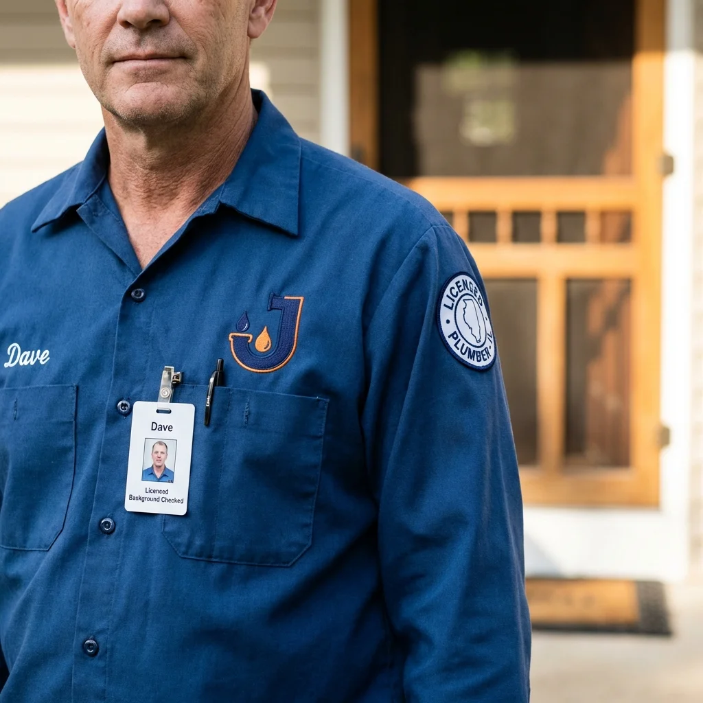 Licensed plumber showing ID badge in The Plains, OH