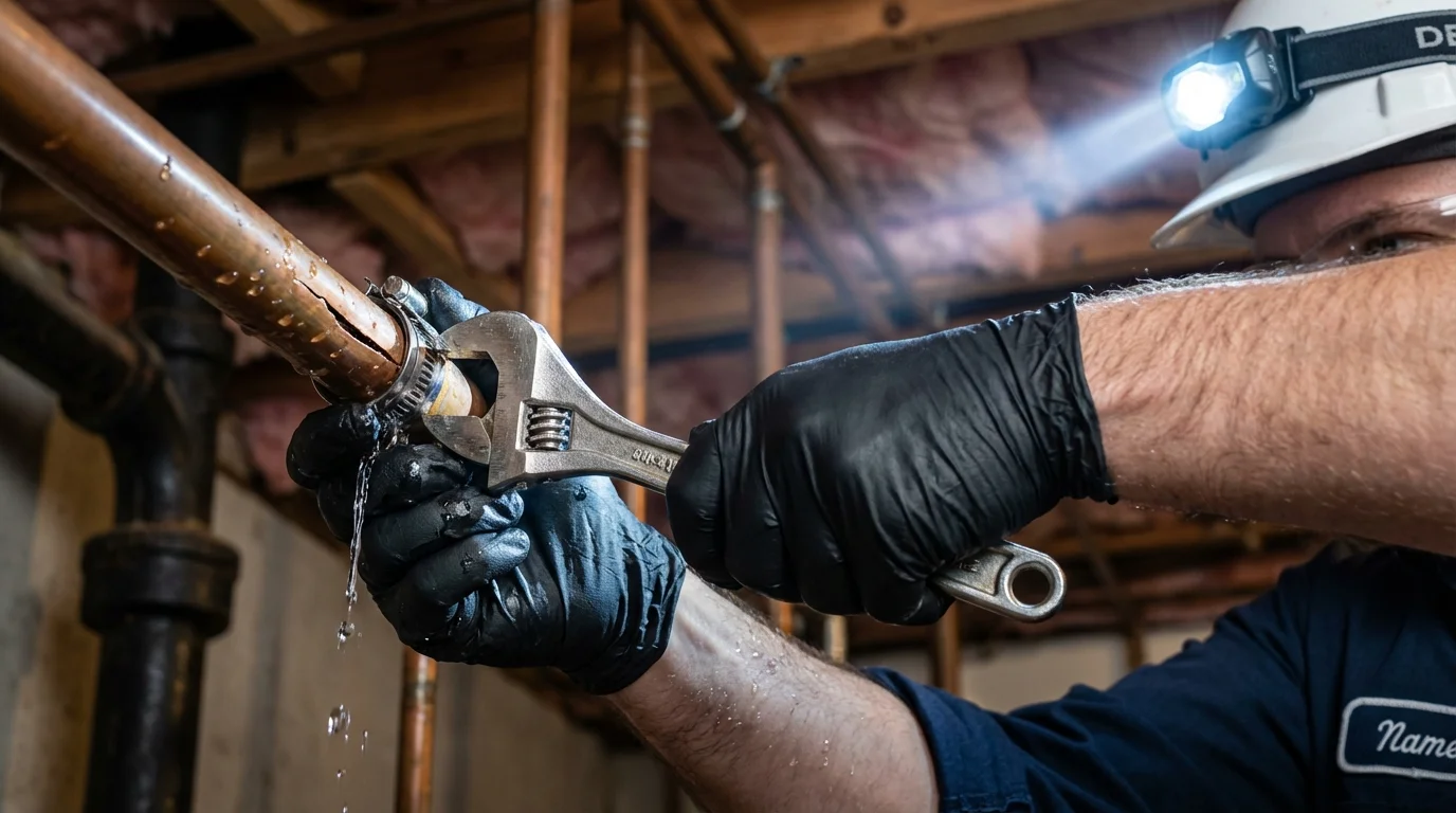 Emergency pipe clamp repair being performed by a Johns Plumbing LLC plumber in The Plains