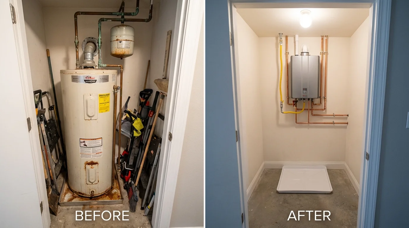 Tank water heater versus wall-mounted tankless unit comparison for The Plains, OH homeowners