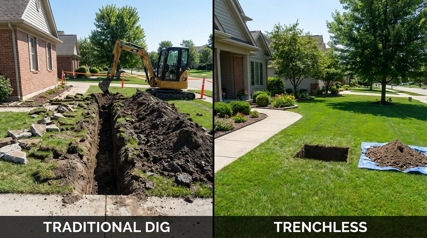 Trenchless sewer repair with minimal yard damage versus traditional excavation in The Plains, OH