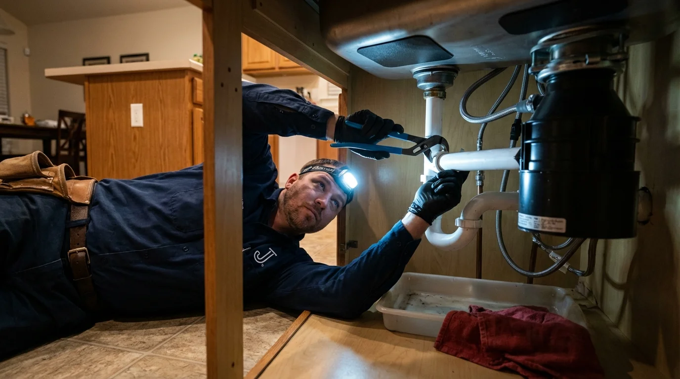 P-trap and supply line connections under a kitchen sink showing a common leak point in The Plains, OH